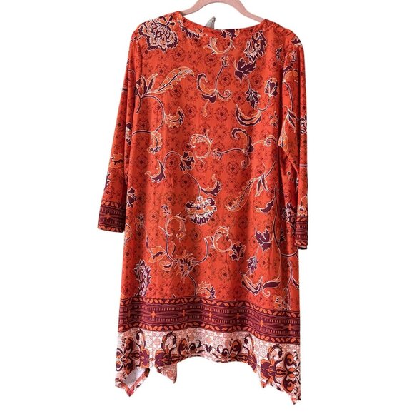 White Mark Floral Tunic Top 1XL 3/4 Sleeve Boho Assymetric Hem Red Orange Womens - Picture 4 of 6